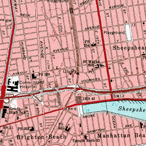 Topographic Map of Sheepshead Bay Branch Brooklyn Public Library, NY