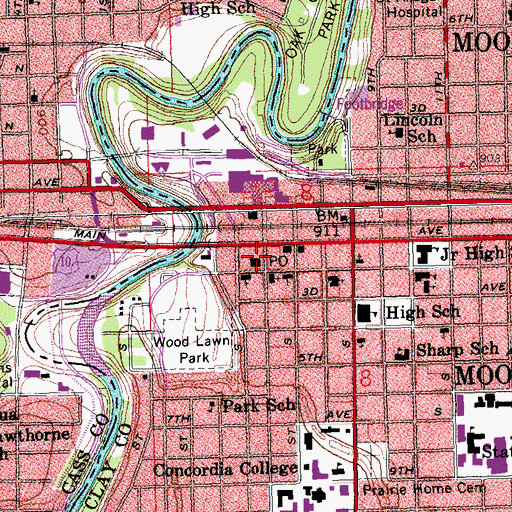 Topographic Map of Moorhead Post Office, MN
