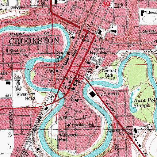 Topographic Map of Crookston City Hall, MN