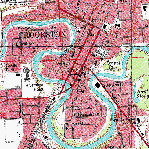 Topographic Map of Crookston Post Office, MN