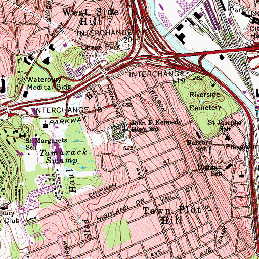 Topographic Map of John F Kennedy High School, CT