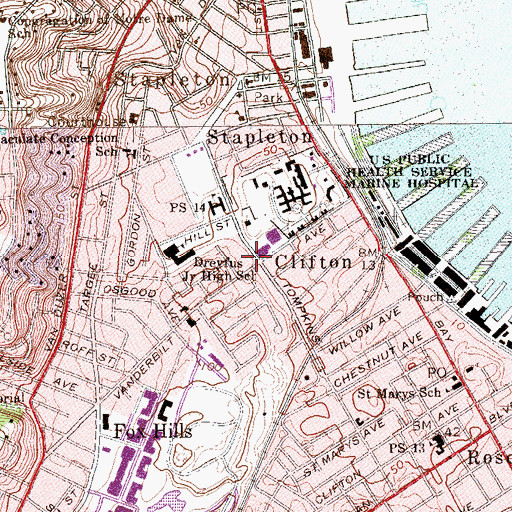 Topographic Map of Stapleton Station Staten Island Post Office, NY