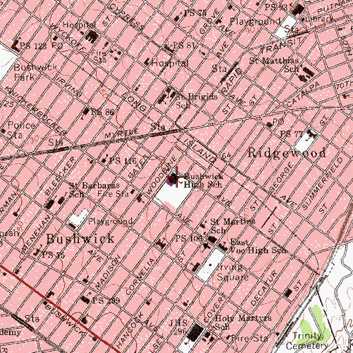 Topographic Map of Bushwick High School for Social Justice, NY