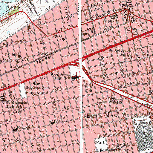 Topographic Map of East New York Transit Technical High School, NY