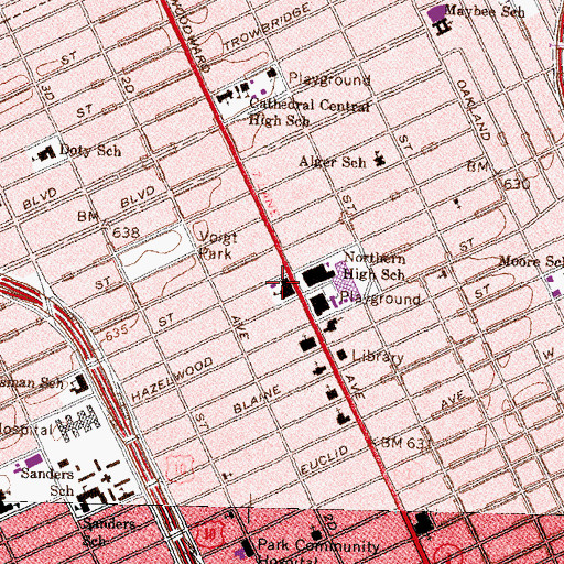 Topographic Map of Central Woodward Christian Church, MI
