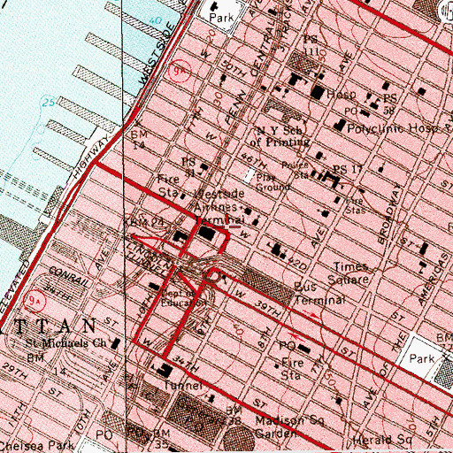 Topographic Map of Manhattan Plaza, NY