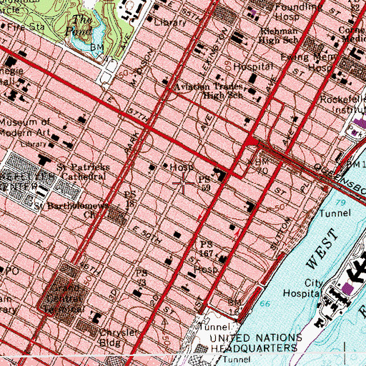 Topographic Map of Franklin D Roosevelt Station New York Post Office, NY