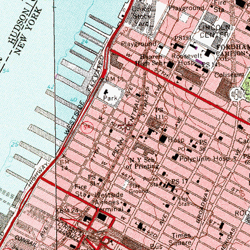 Topographic Map of Park West High School, NY