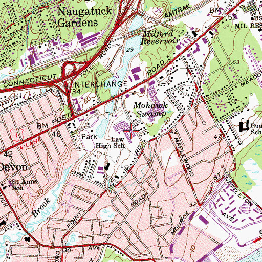 Topographic Map of Jonathan Law High School, CT