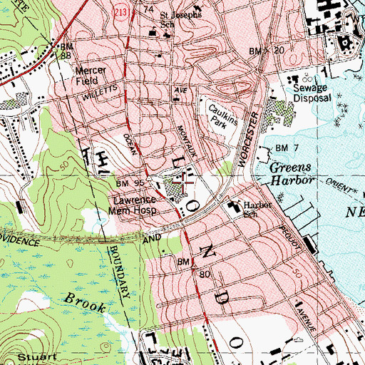 Topographic Map of Lawrence and Memorial Hospital, CT
