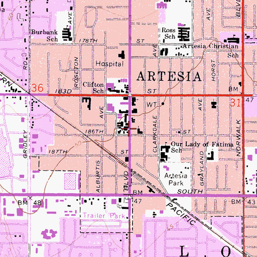 Topographic Map of Artesia-Cerritos Methodist Church, CA