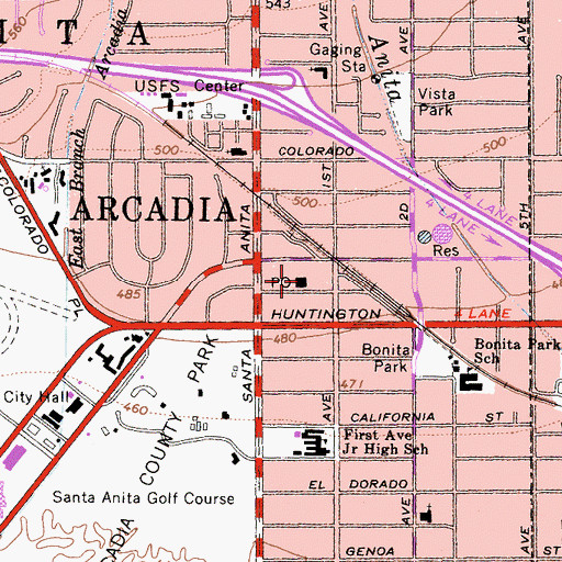 Topographic Map of Arcadia Post Office, CA