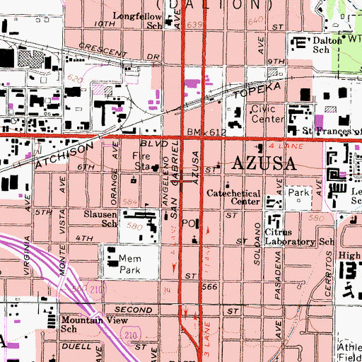 Topographic Map of Azusa Post Office, CA