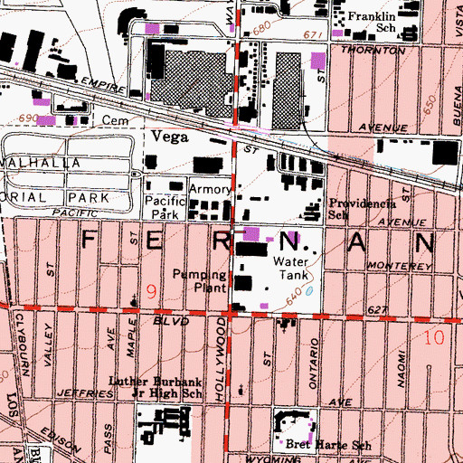 Topographic Map of Burbank Post Office, CA