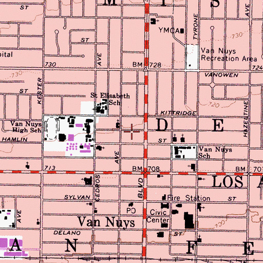 Topographic Map of Civic Center Van Nuys Post Office, CA