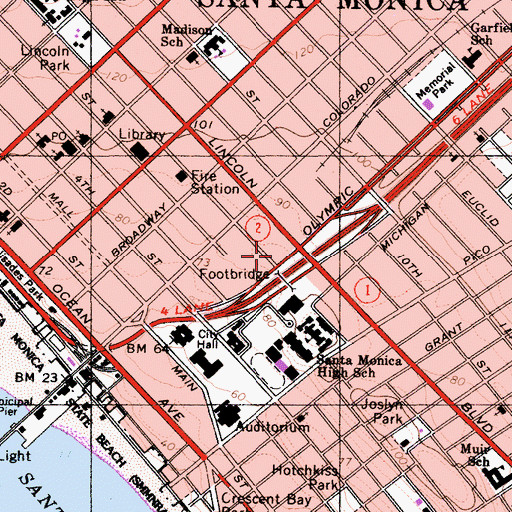 Topographic Map of Santa Monica Post Office, CA