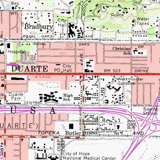 Topographic Map of Duarte Post Office, CA