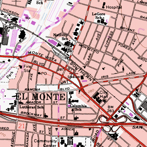Topographic Map of El Monte Post Office, CA
