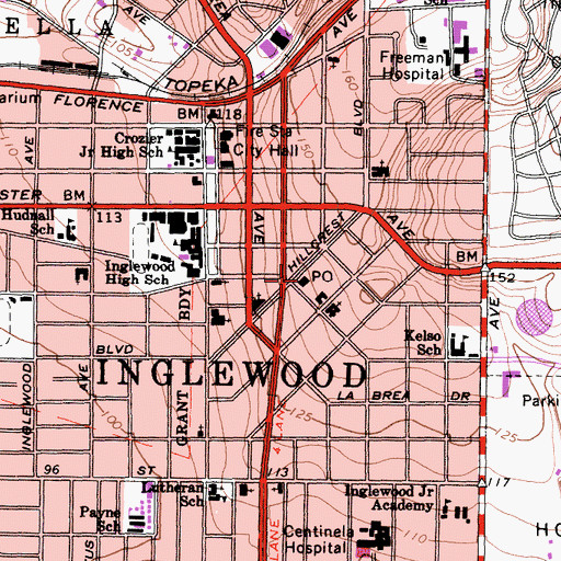 Topographic Map of Hillcrest Inglewood Post Office, CA