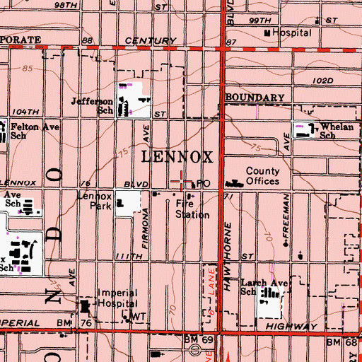 Topographic Map of Lennox Branch Inglewood Post Office, CA
