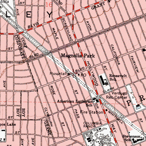 Topographic Map of Magnolia Park Station Burbank Post Office, CA