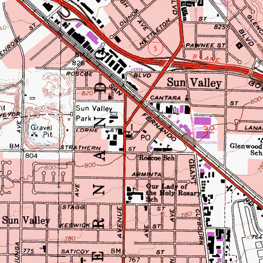 Topographic Map of Sun Valley Post Office, CA