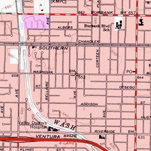Topographic Map of Valley Village Post Office, CA