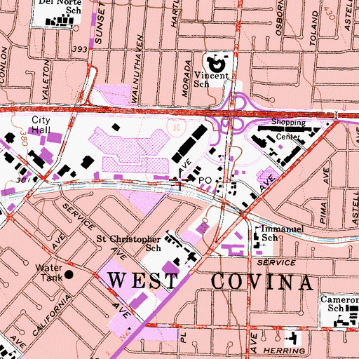 Topographic Map of West Covina Post Office, CA
