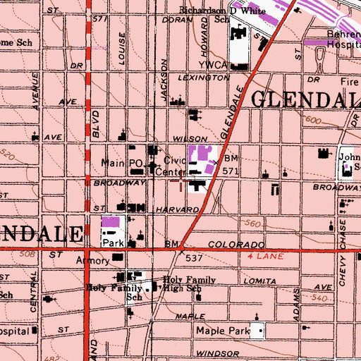 Topographic Map of Glendale County Building, CA