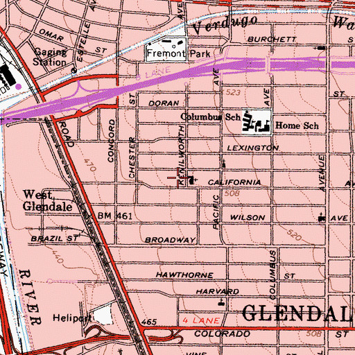 Topographic Map of Glendale Community Church of God, CA