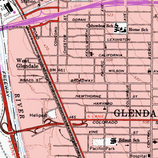 Topographic Map of Broadway Convalescent Hospital, CA