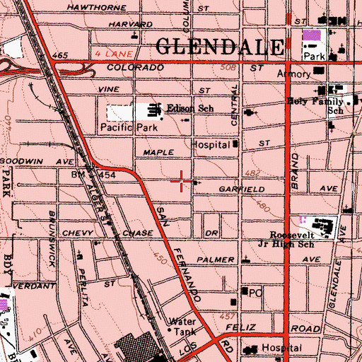 Topographic Map of Glendale Foursquare Church, CA