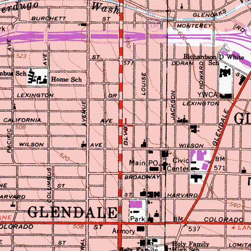 Topographic Map of Glendale Masonic Temple, CA