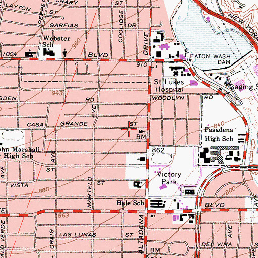 Topographic Map of Pasadena Mennonite Church, CA