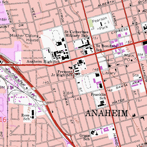 Topographic Map of First Baptist Church of Anaheim, CA
