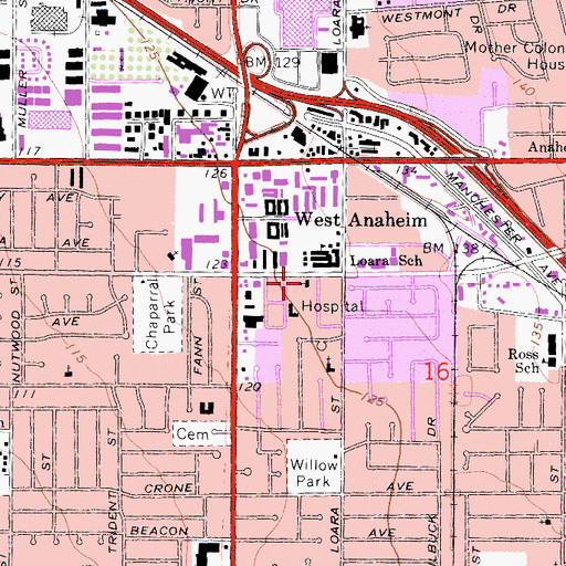 Topographic Map of Unity Church of Anaheim, CA
