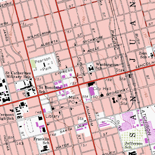 Topographic Map of Anaheim Community Hospital (historical), CA