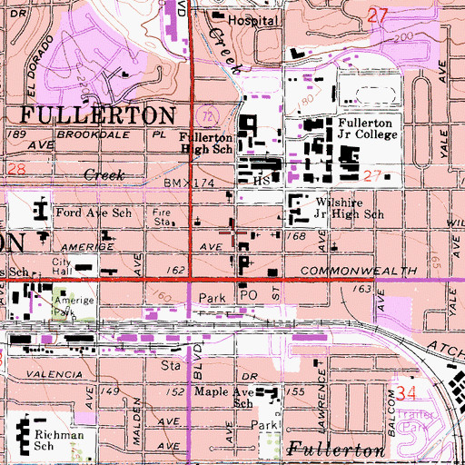 Topographic Map of First Baptist Church of Fullerton, CA