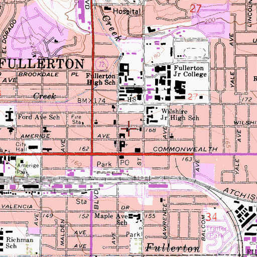 Topographic Map of Fullerton First Lutheran Church, CA