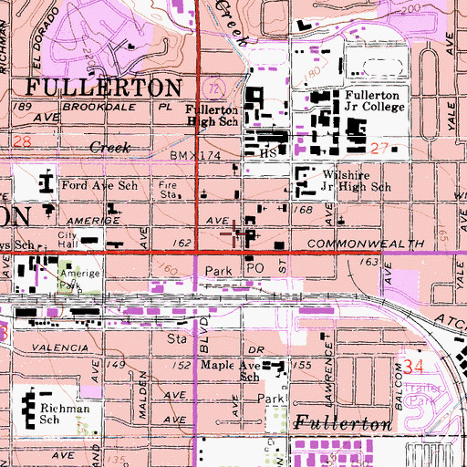 Topographic Map of Fullerton First United Methodist Church, CA