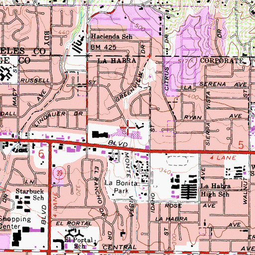 Topographic Map of La Habra Hills Presbyterian Church, CA