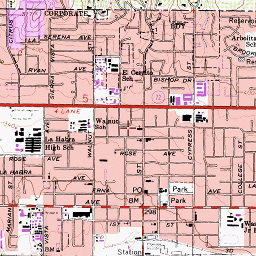 Topographic Map of La Habra United Methodist Church, CA