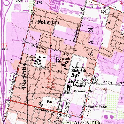 Topographic Map of Placentia Presbyterian Church, CA
