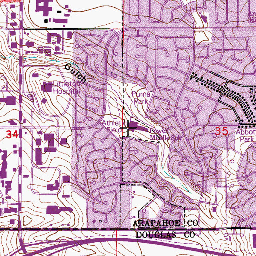Topographic Map of John Wesley Powell Middle School, CO