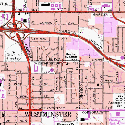 Topographic Map of Garden Grove Church of God, CA