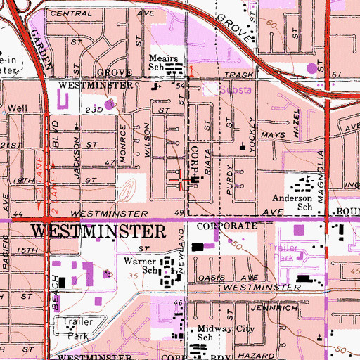 Topographic Map of Newland Street Church of Christ, CA