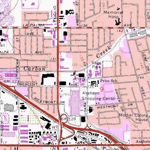 Topographic Map of Anaheim Post Office, CA