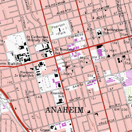 Topographic Map of Federal Anaheim Post Office, CA