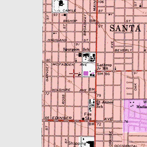 Topographic Map of Broadway Baptist Church, CA