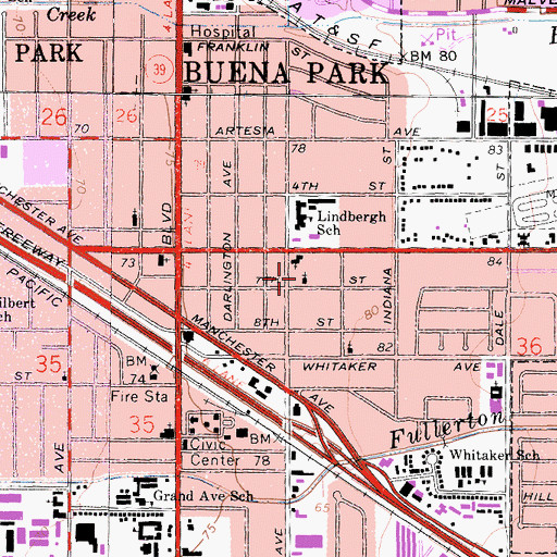 Topographic Map of Bible Church of Buena Park, CA